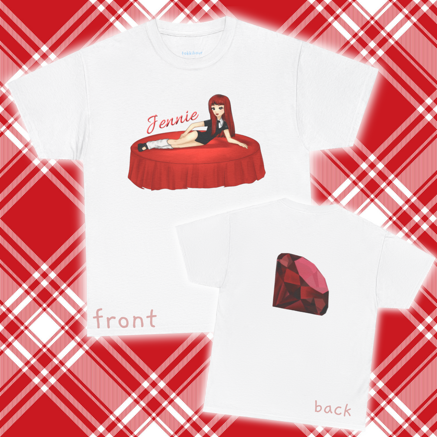 Add a touch of sparkle to your outfit with this Jennie inspired fan art tee! Drawing inspiration from Jennie's Ruby album, this exclusive Tshirt shocases bold, custom artwork that celebrates her confidence, artistry, and signature flair. Perfect for concerts, casual hangouts, or a statement piece for any Kpop fan.