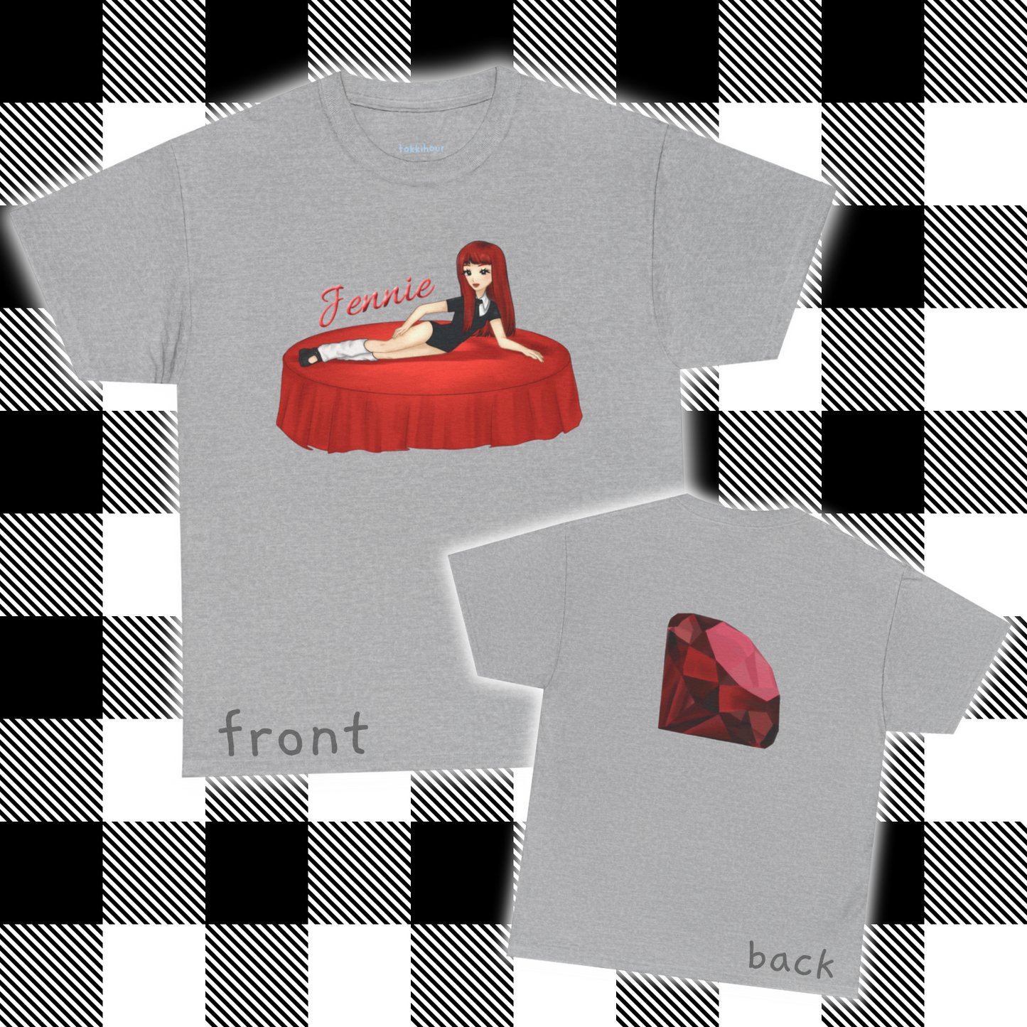 Add a touch of sparkle to your outfit with this Jennie inspired fan art tee! Drawing inspiration from Jennie's Ruby album, this exclusive Tshirt shocases bold, custom artwork that celebrates her confidence, artistry, and signature flair. Perfect for concerts, casual hangouts, or a statement piece for any Kpop fan.