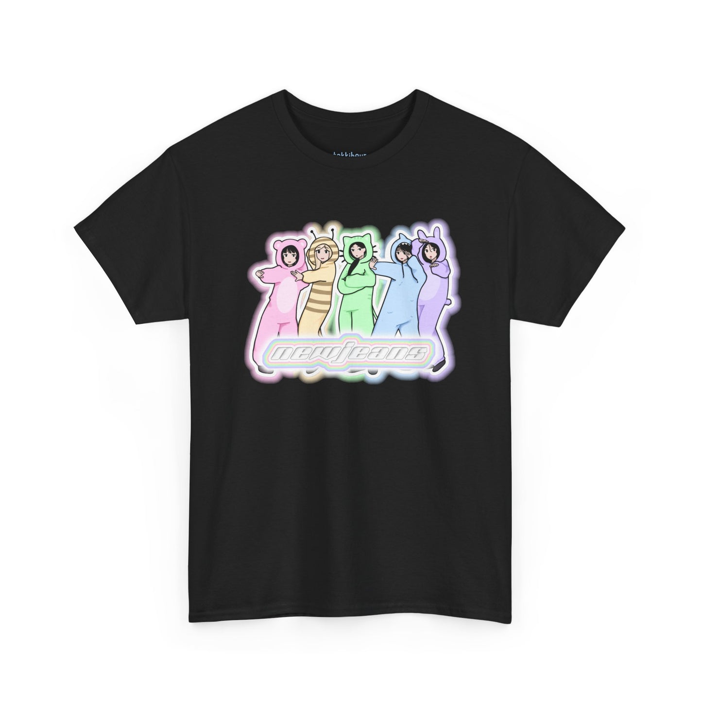 Exclusive NewJeans short sleeve graphic t-shirt featuring original artwork of all members. A unique and vibrant addition to your K-pop fashion collection. In black.