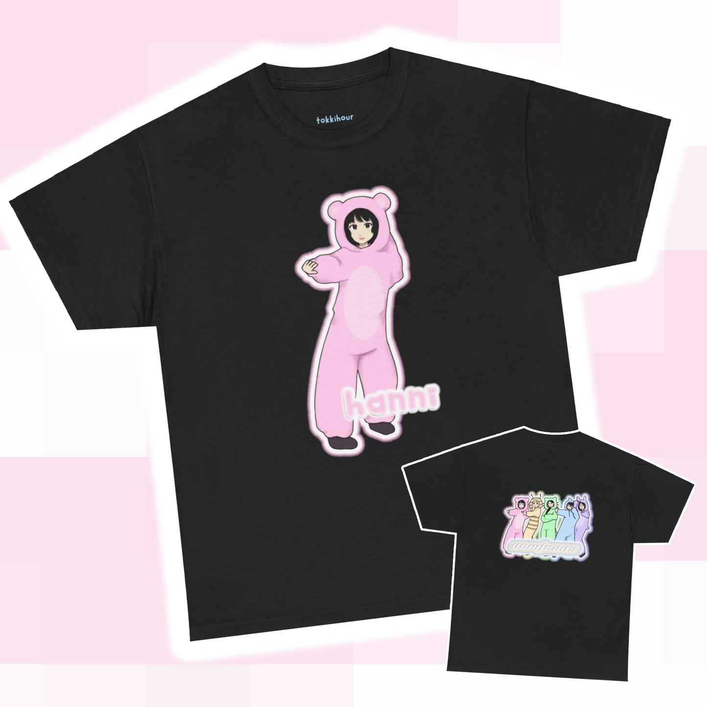 Exclusive NewJeans short sleeve graphic t-shirt featuring original artwork of Hanni on the front plus all group members on the back. A unique and vibrant addition to your K-pop fashion collection. In black.