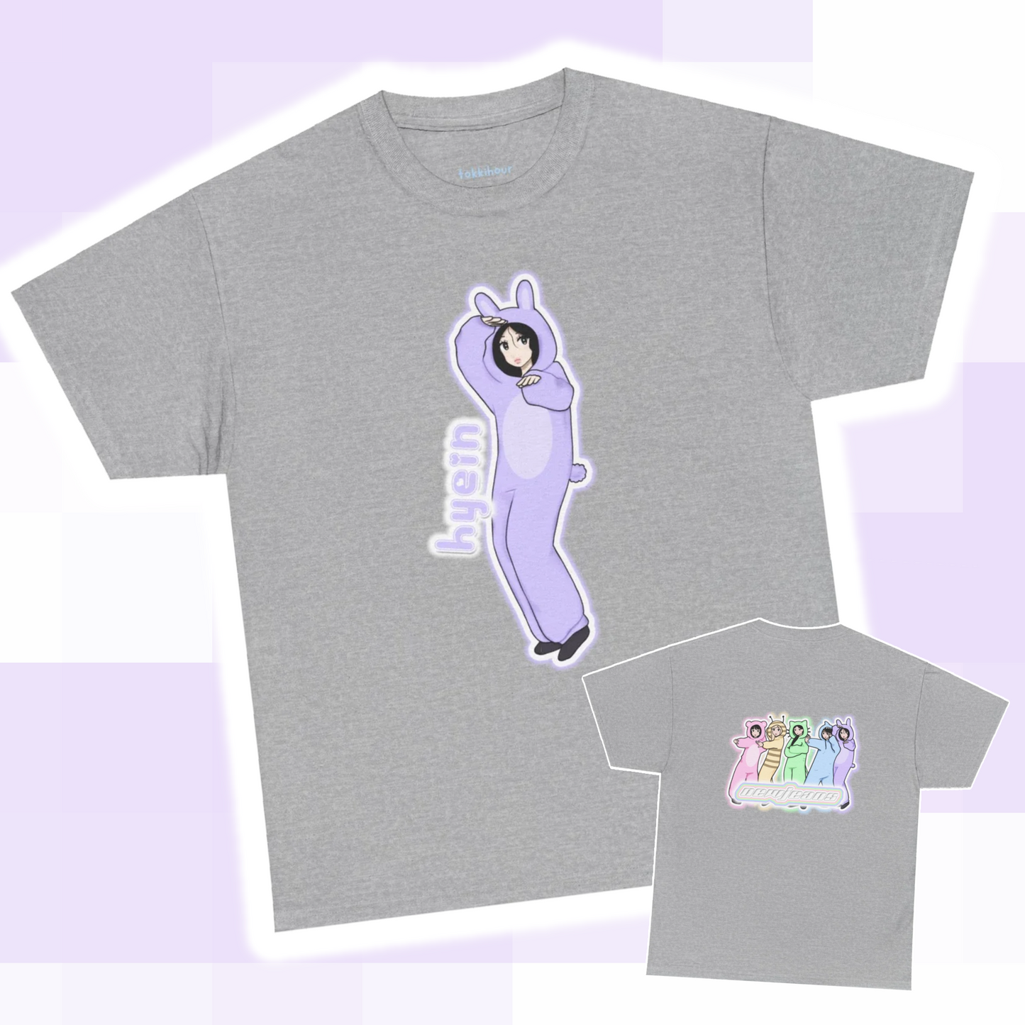 Exclusive NewJeans short sleeve graphic t-shirt featuring original artwork of Hyein on the front plus all group members on the back. A unique and vibrant addition to your K-pop fashion collection. In light gray.