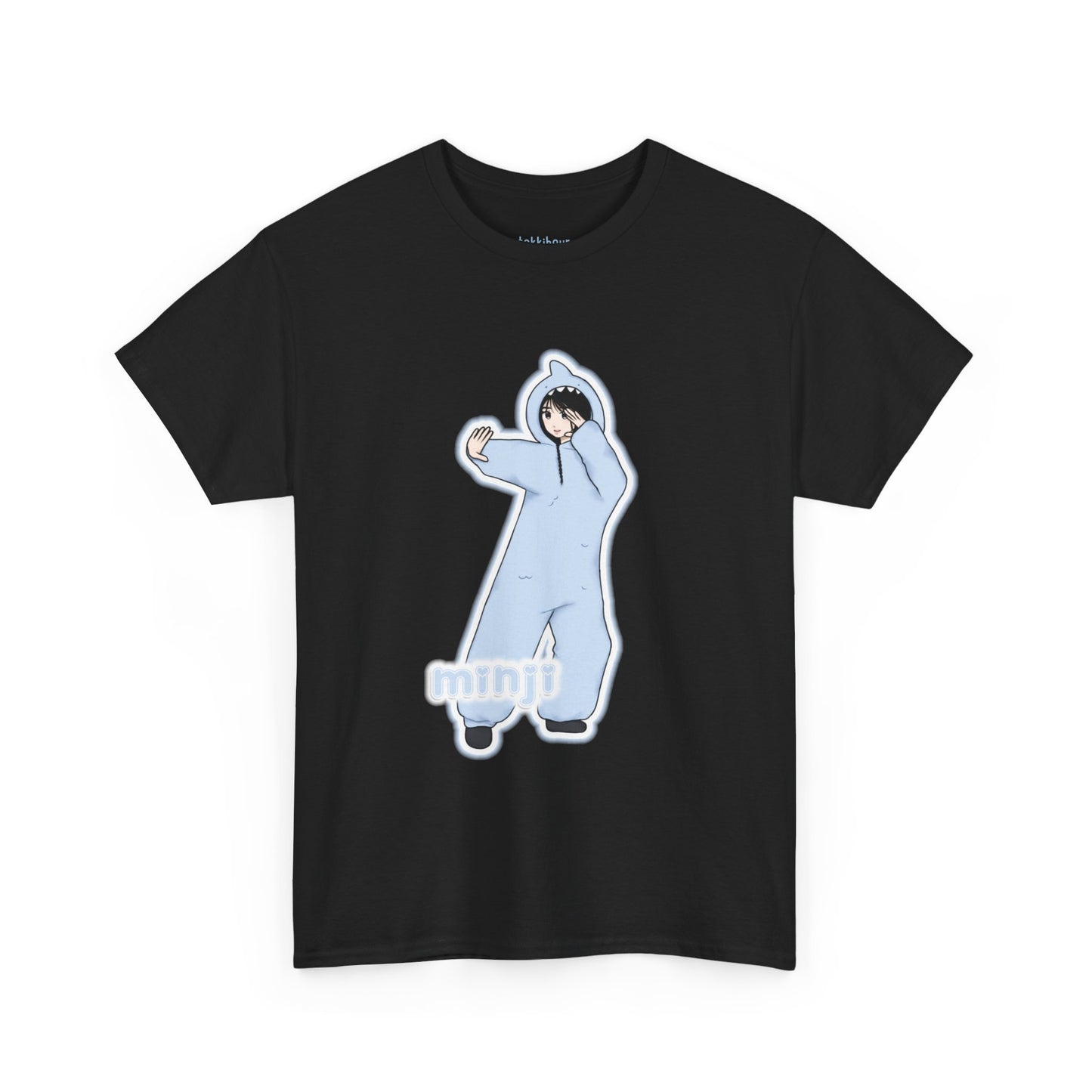 Exclusive NewJeans short sleeve graphic t-shirt featuring original artwork of Minji on the front plus all group members on the back. A unique and vibrant addition to your K-pop fashion collection. In black.