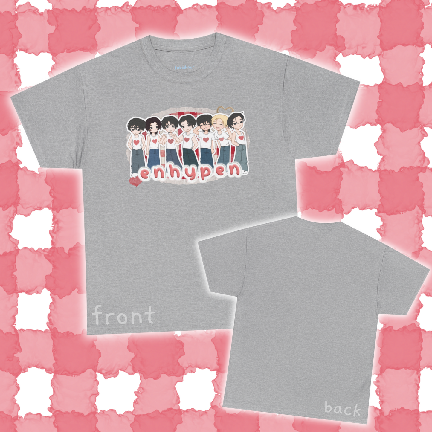 Celebrate all seven members of Enhypen with this fun fashion shirt, featuring original art of the group. Whether you're going to an event or chilling with friends, this cozy tee is the ultimate way to STAN out! Perfect for concerts, casual hangouts, or a statement piece for any Kpop fan. Choose your color.