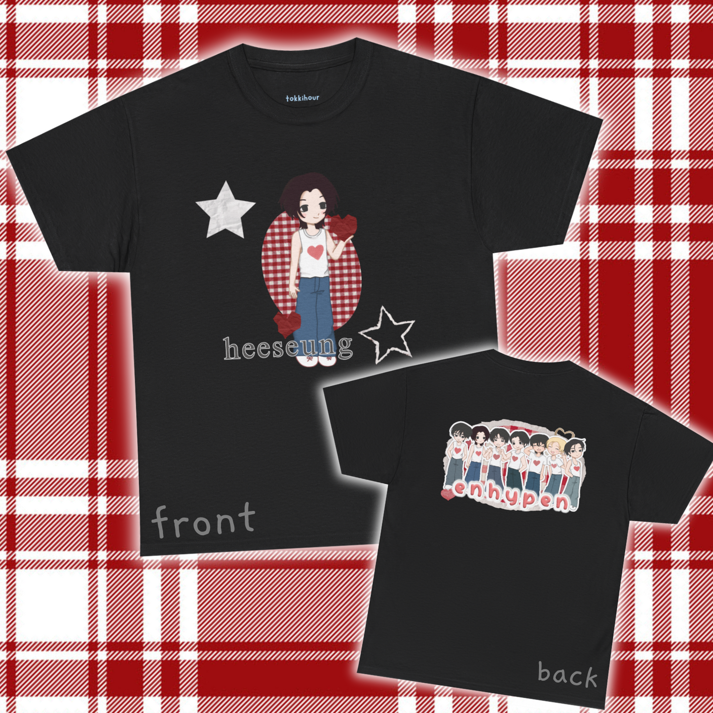 A must have for Engenes who want to rep their bias in style. Featuring original art of Heeseung on the front and the group on the back. Whether you're going to an event or chilling with friends, this cozy tee is the ultimate way to STAN out! Perfect for concerts, casual hangouts, or a statement piece for any Kpop fan. Choose your color.