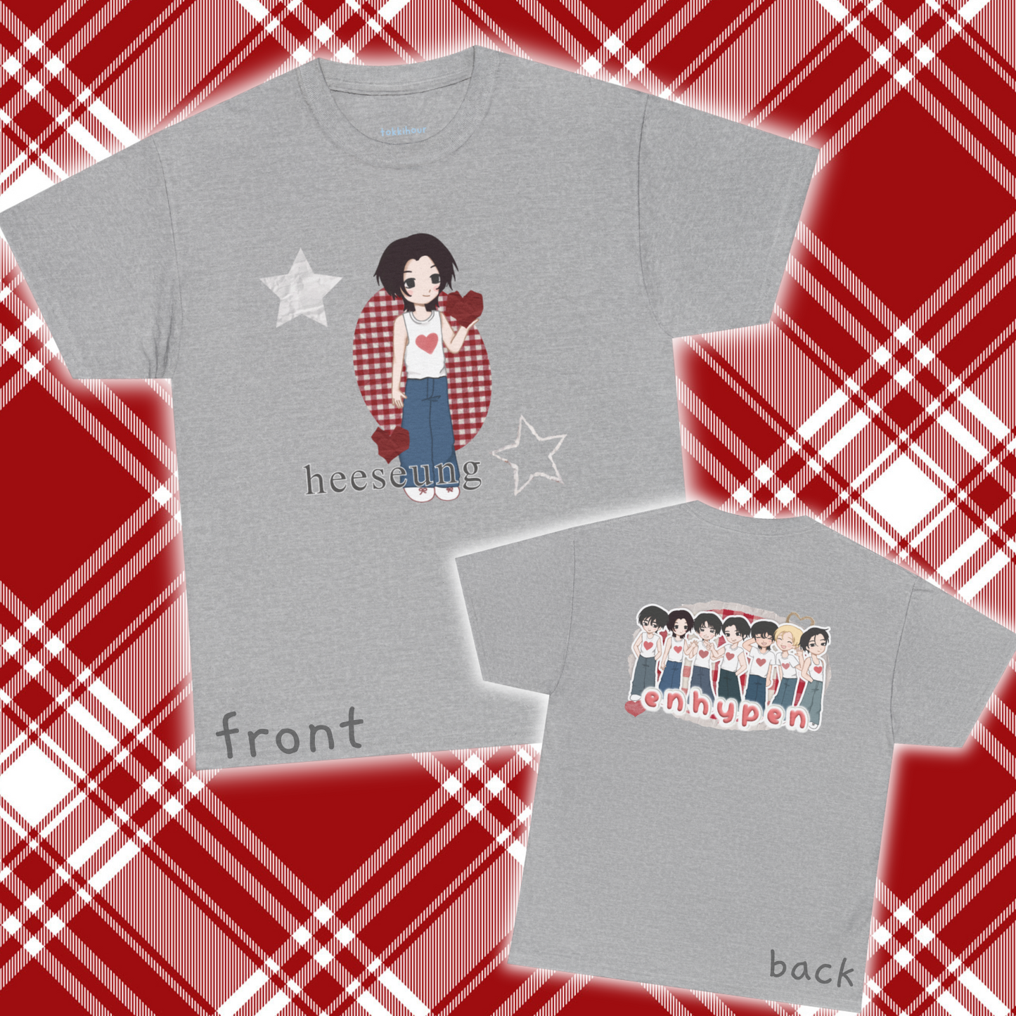 A must have for Engenes who want to rep their bias in style. Featuring original art of Heeseung on the front and the group on the back. Whether you're going to an event or chilling with friends, this cozy tee is the ultimate way to STAN out! Perfect for concerts, casual hangouts, or a statement piece for any Kpop fan. Choose your color.