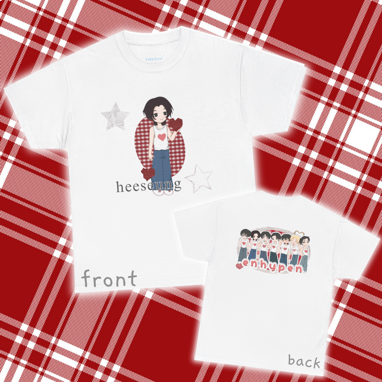 A must have for Engenes who want to rep their bias in style. Featuring original art of Heeseung on the front and the group on the back. Whether you're going to an event or chilling with friends, this cozy tee is the ultimate way to STAN out! Perfect for concerts, casual hangouts, or a statement piece for any Kpop fan. Choose your color.
