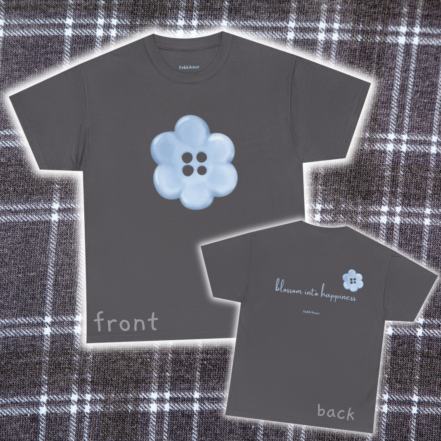 Blue Flower tee, featuring minimalist original art on the front and a motivational expression on the back. Whether you're looking to spruce up your spring Tshirt collection or gift it to a friend or loved one, this cute and comfy top embodies good vibes. Versatile fashion ideal for cozy loungewear, boho style, streetwear lovers, layering with a cardigan, and other seasonal fashion trends. Choose your color.