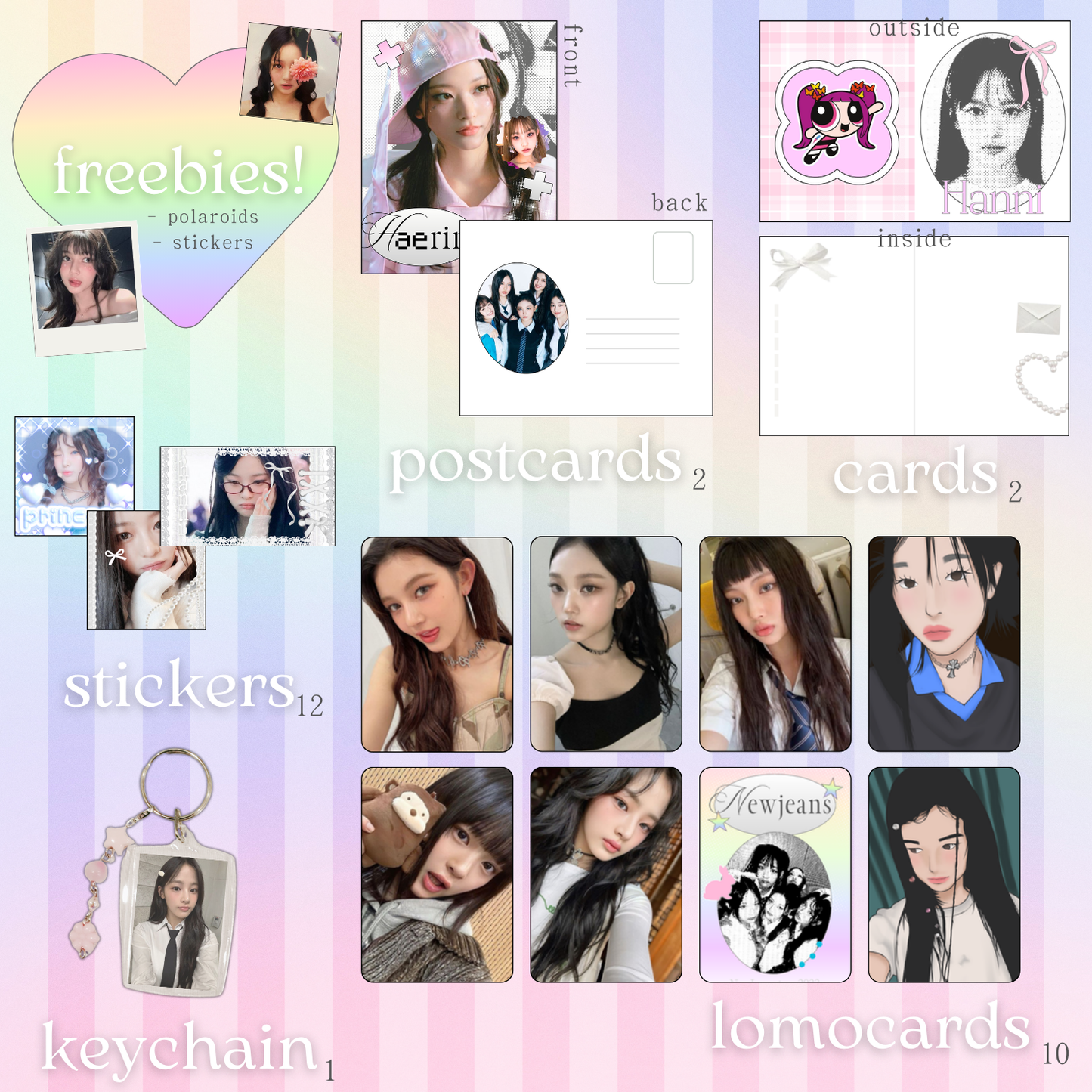 Unpack the Kpop magic! Our NewJeans bias packs are perfect for every Bunny. Packed with unique handmade items, this is a must have for true fans of Minji, Hanni, Danielle, Haerin, or Hyein! All items created by tokkihour.