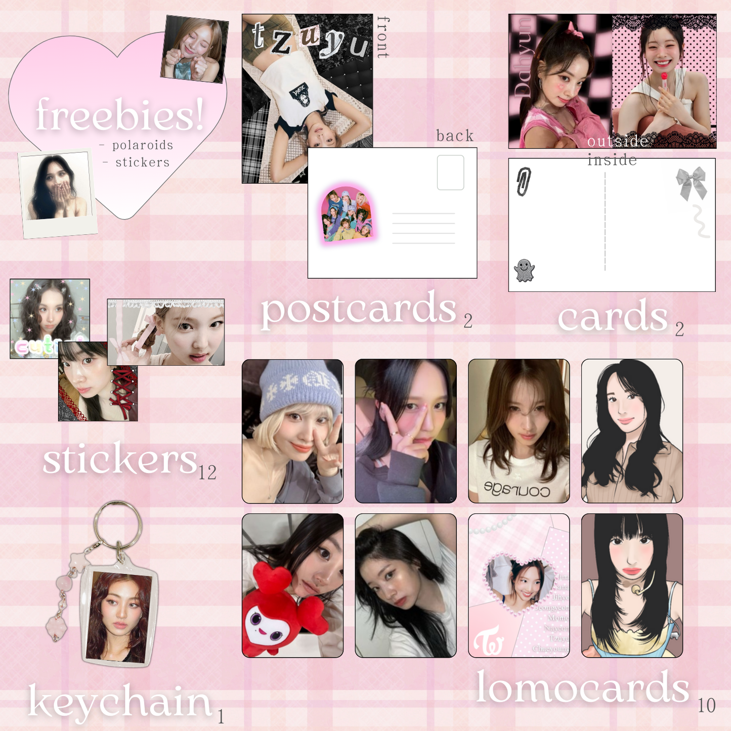 Express your TWICE love with this unique bundle pack! For you or as a gift for that ONCE in your life. Includes photocards, lomocards, stickers, hand-drawn art, and more! All items created by tokkihour.