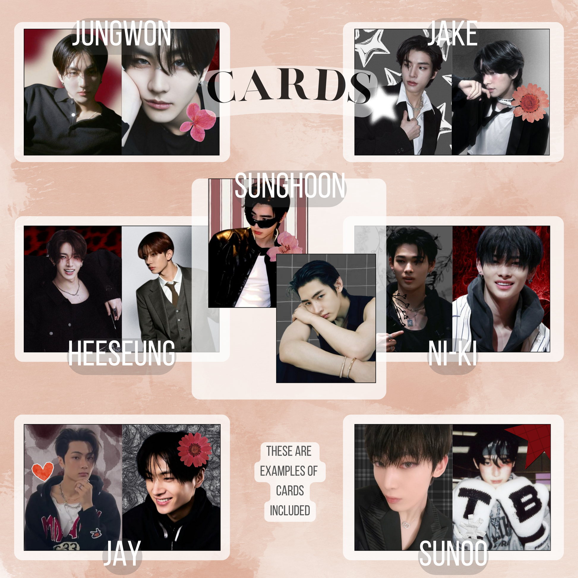 Dark, cinematic aesthetic inspires the prints: postcards, notecards, lomocards, stickers, keychain, and freebies in this fanmade Enhypen bias pack