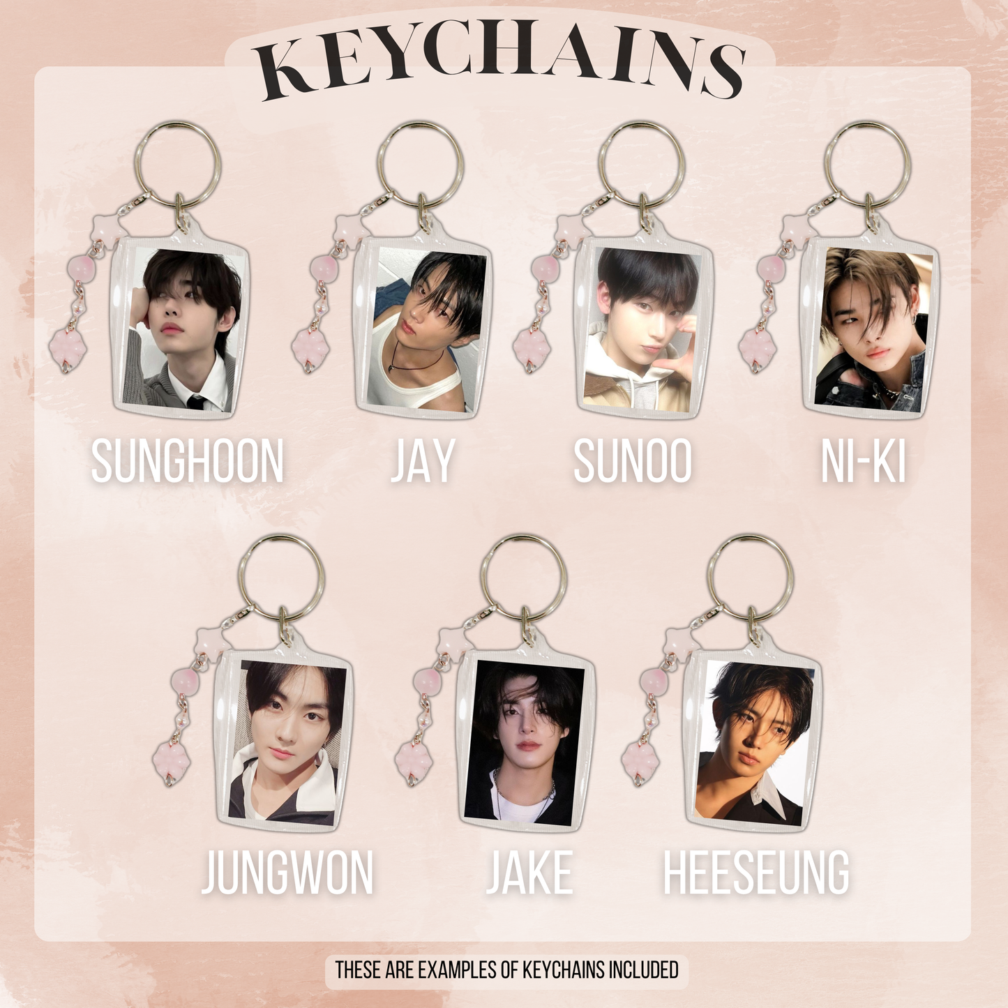 Dark, cinematic aesthetic inspires the prints: postcards, notecards, lomocards, stickers, keychain, and freebies in this fanmade Enhypen bias pack