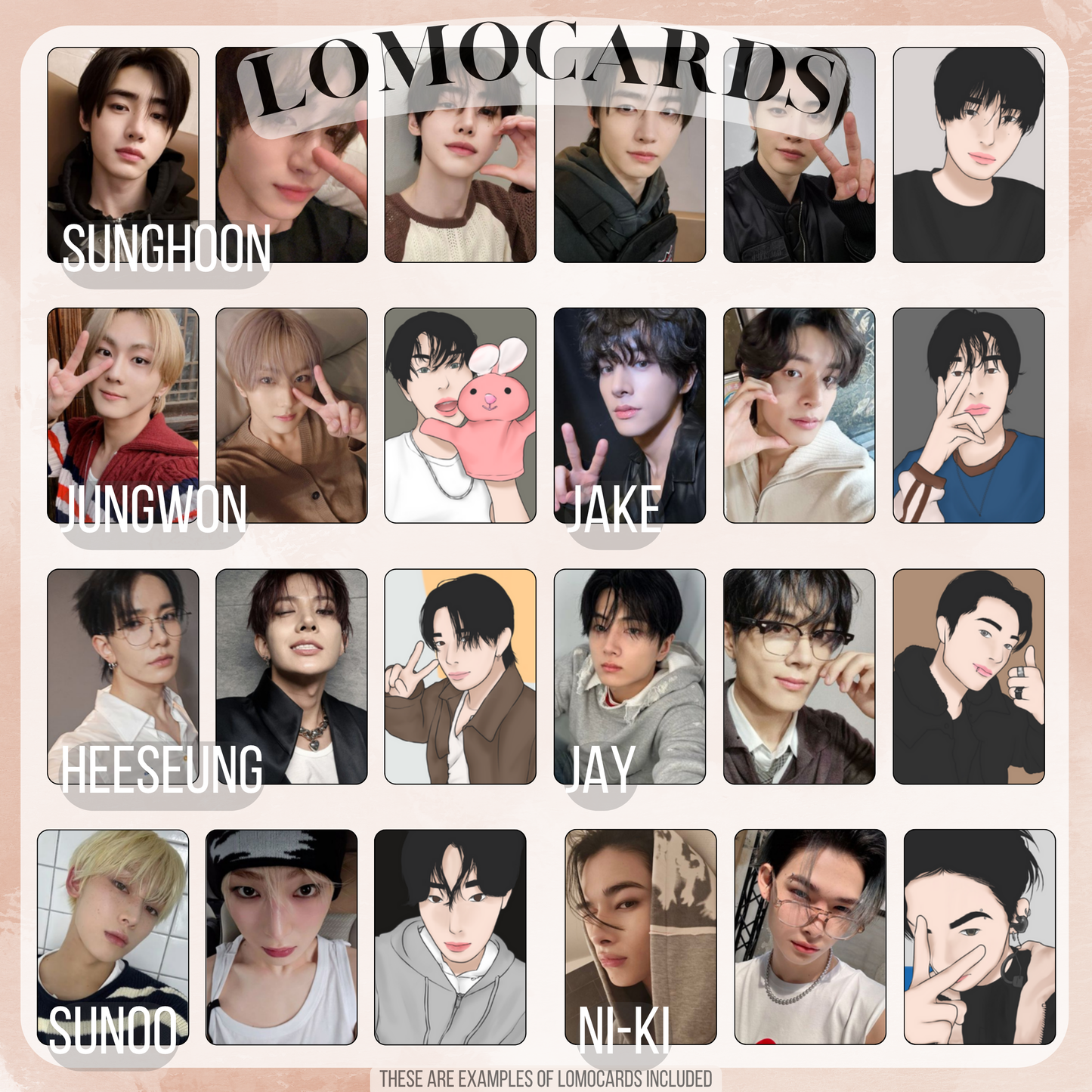 Dark, cinematic aesthetic inspires the prints: postcards, notecards, lomocards, stickers, keychain, and freebies in this fanmade Enhypen bias pack