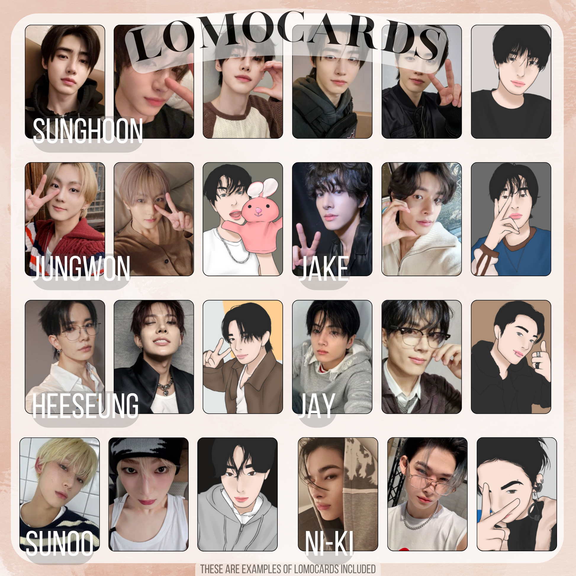 Dark, cinematic aesthetic inspires the prints: postcards, notecards, lomocards, stickers, keychain, and freebies in this fanmade Enhypen bias pack