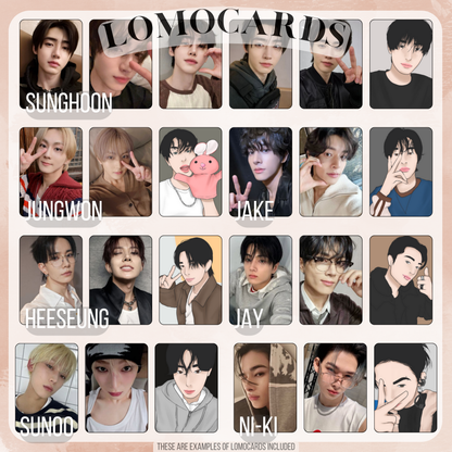 Dark, cinematic aesthetic inspires the prints: postcards, notecards, lomocards, stickers, keychain, and freebies in this fanmade Enhypen bias pack