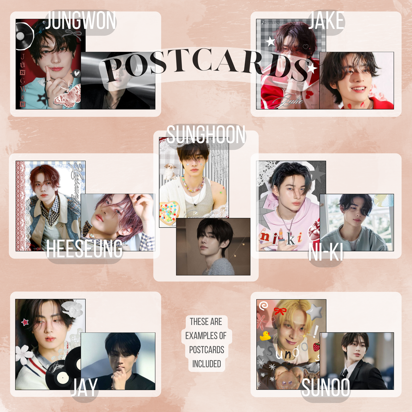 Dark, cinematic aesthetic inspires the prints: postcards, notecards, lomocards, stickers, keychain, and freebies in this fanmade Enhypen bias pack