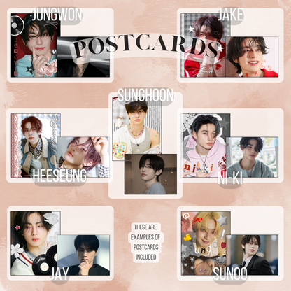 Dark, cinematic aesthetic inspires the prints: postcards, notecards, lomocards, stickers, keychain, and freebies in this fanmade Enhypen bias pack