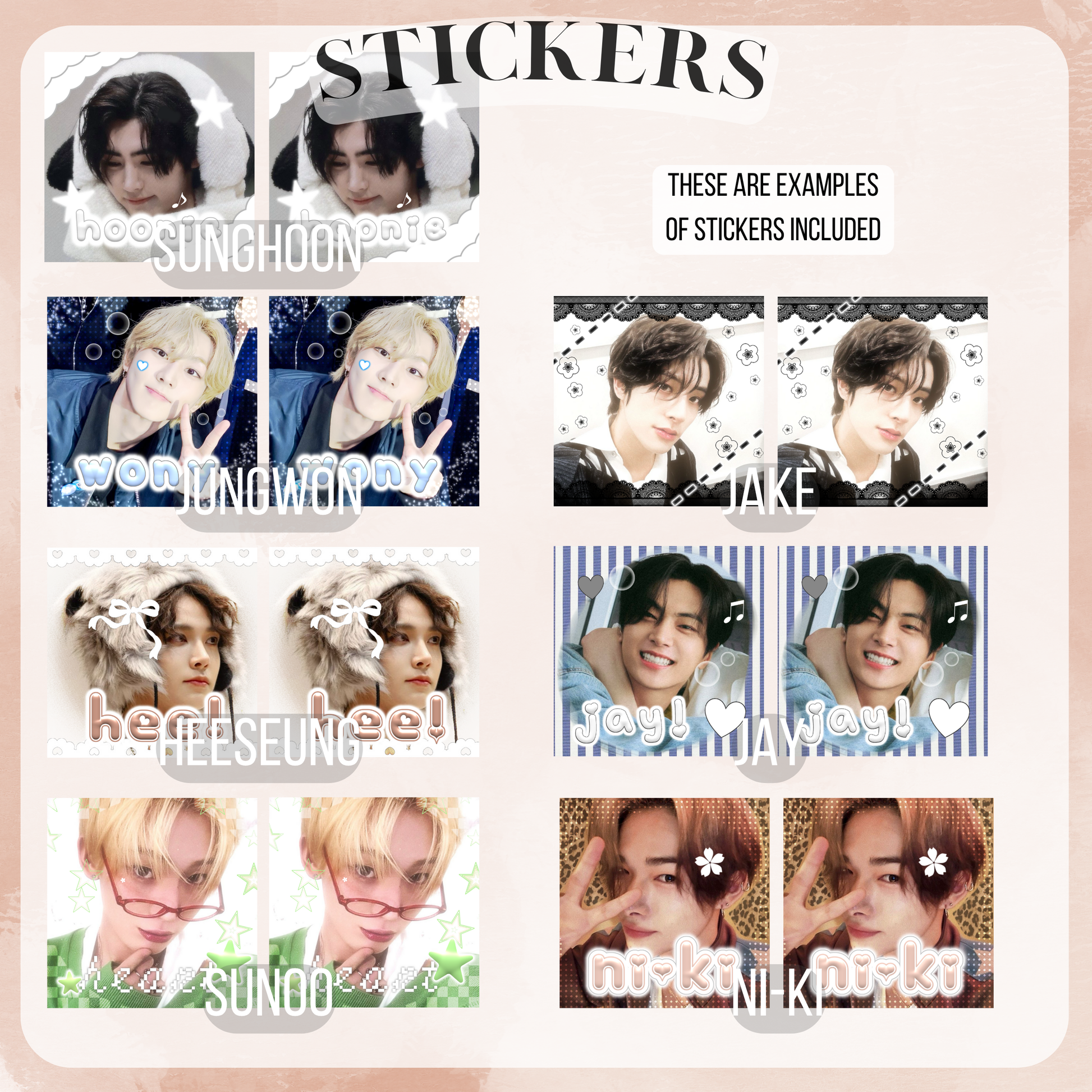 Dark, cinematic aesthetic inspires the prints: postcards, notecards, lomocards, stickers, keychain, and freebies in this fanmade Enhypen bias pack