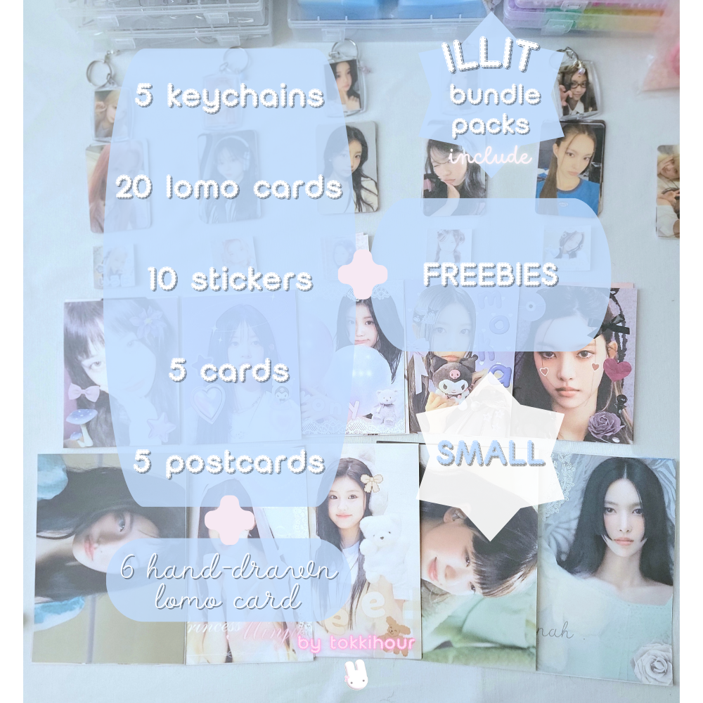 Gllit-ready! Our exclusive Illit bundle pack will add unique flair to your Kpop collection. High-quality fanmade items dedicated to all group members including photocards, lomocards, stickers, hand-drawn art, and more! Choose your size.