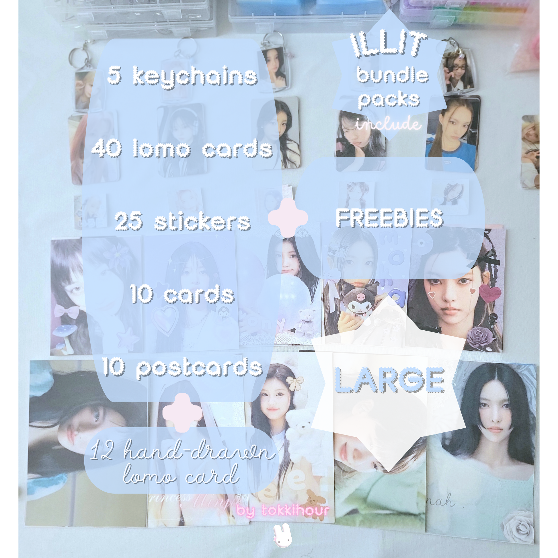 Gllit-ready! Our exclusive Illit bundle pack will add unique flair to your Kpop collection. High-quality fanmade items dedicated to all group members including photocards, lomocards, stickers, hand-drawn art, and more! Choose your size.