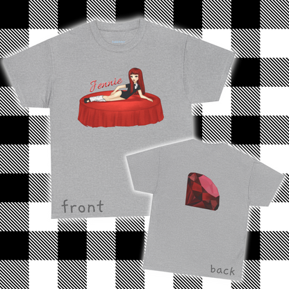 Add a touch of sparkle to your outfit with this Jennie inspired fan art tee! Drawing inspiration from Jennie's Ruby album, this exclusive Tshirt shocases bold, custom artwork that celebrates her confidence, artistry, and signature flair. Perfect for concerts, casual hangouts, or a statement piece for any Kpop fan.