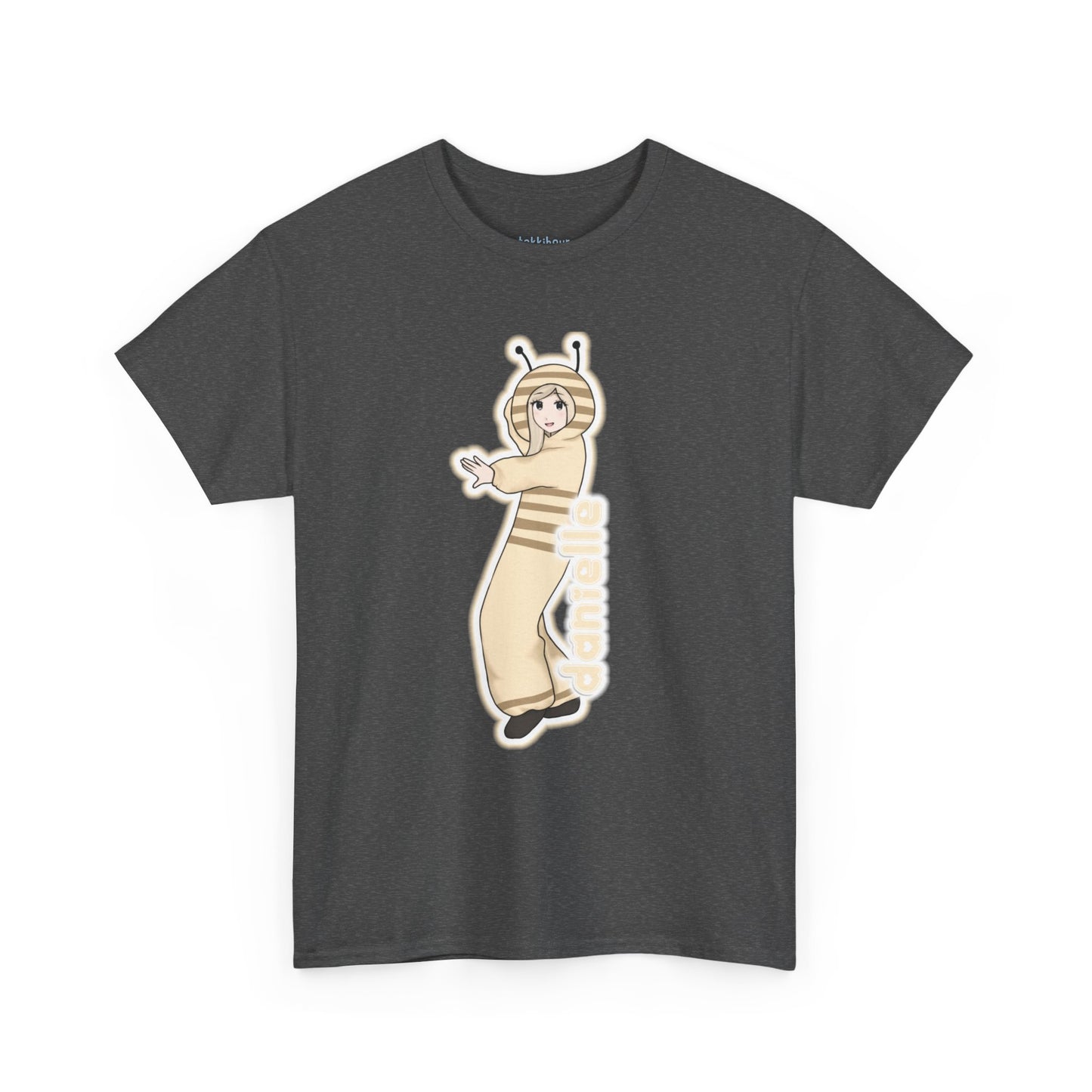 Exclusive NewJeans short sleeve graphic t-shirt featuring original artwork of Danielle on the front plus all group members on the back. A unique and vibrant addition to your K-pop fashion collection. In dark gray.