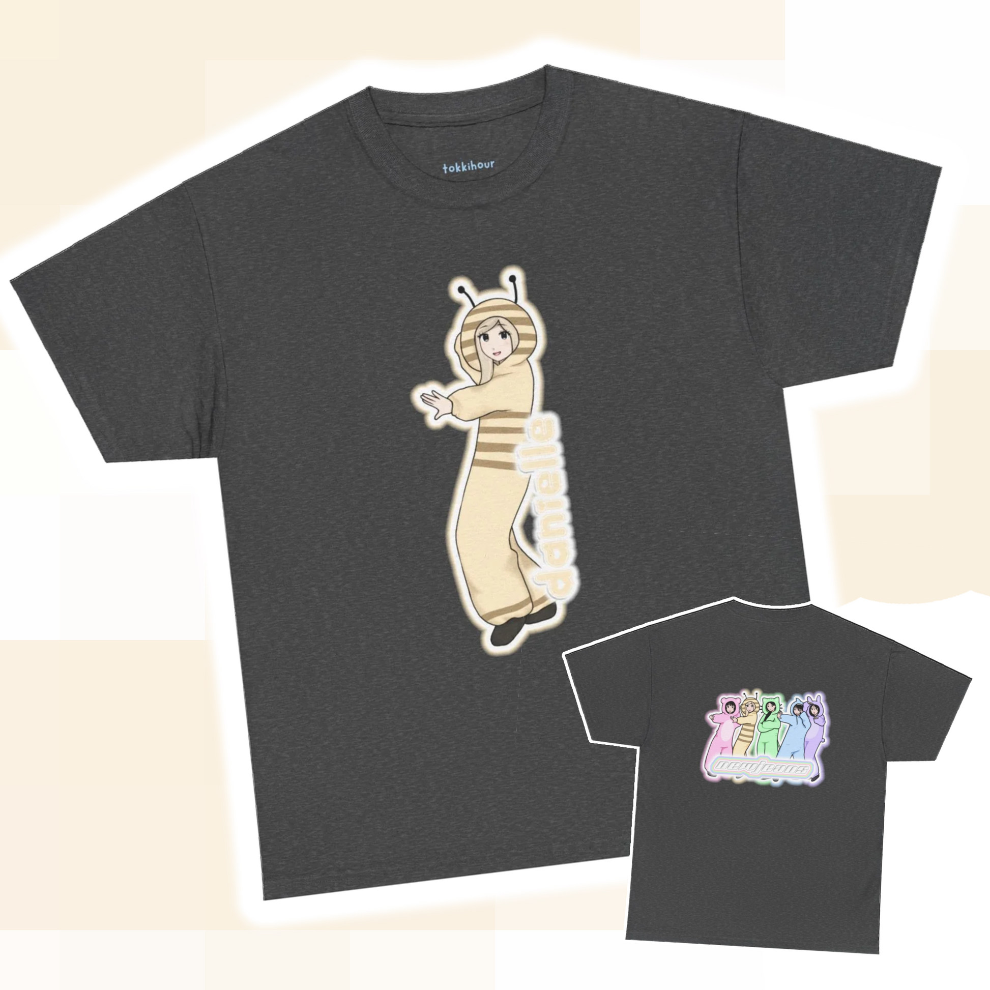Exclusive NewJeans short sleeve graphic t-shirt featuring original artwork of Danielle on the front plus all group members on the back. A unique and vibrant addition to your K-pop fashion collection. In dark gray.