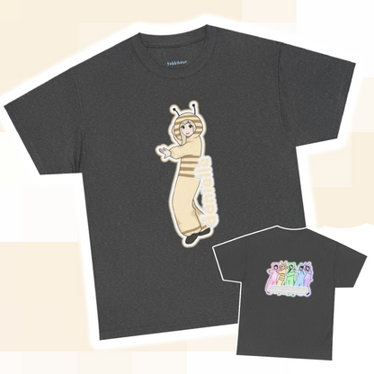 Exclusive NewJeans short sleeve graphic t-shirt featuring original artwork of Danielle on the front plus all group members on the back. A unique and vibrant addition to your K-pop fashion collection. In dark gray.