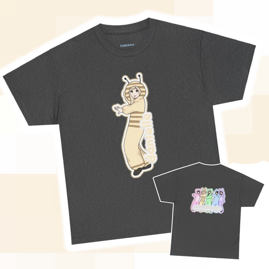 Exclusive NewJeans short sleeve graphic t-shirt featuring original artwork of Danielle on the front plus all group members on the back. A unique and vibrant addition to your K-pop fashion collection. In dark gray.