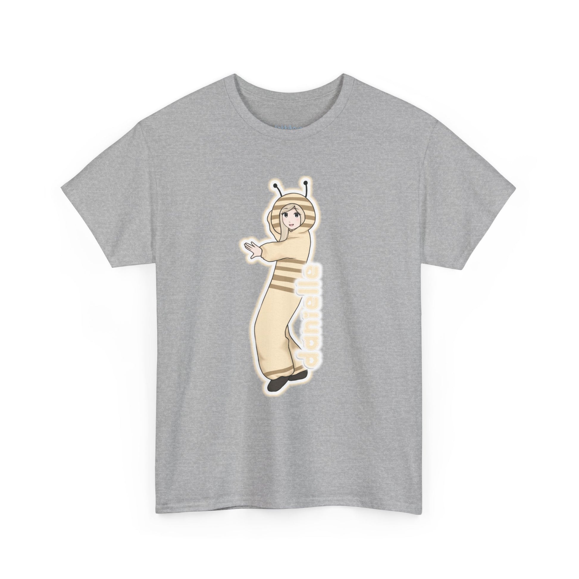 Exclusive NewJeans short sleeve graphic t-shirt featuring original artwork of Danielle on the front plus all group members on the back. A unique and vibrant addition to your K-pop fashion collection. In light gray.