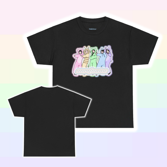 Exclusive NewJeans short sleeve graphic t-shirt featuring original artwork of all members. A unique and vibrant addition to your K-pop fashion collection. In black.