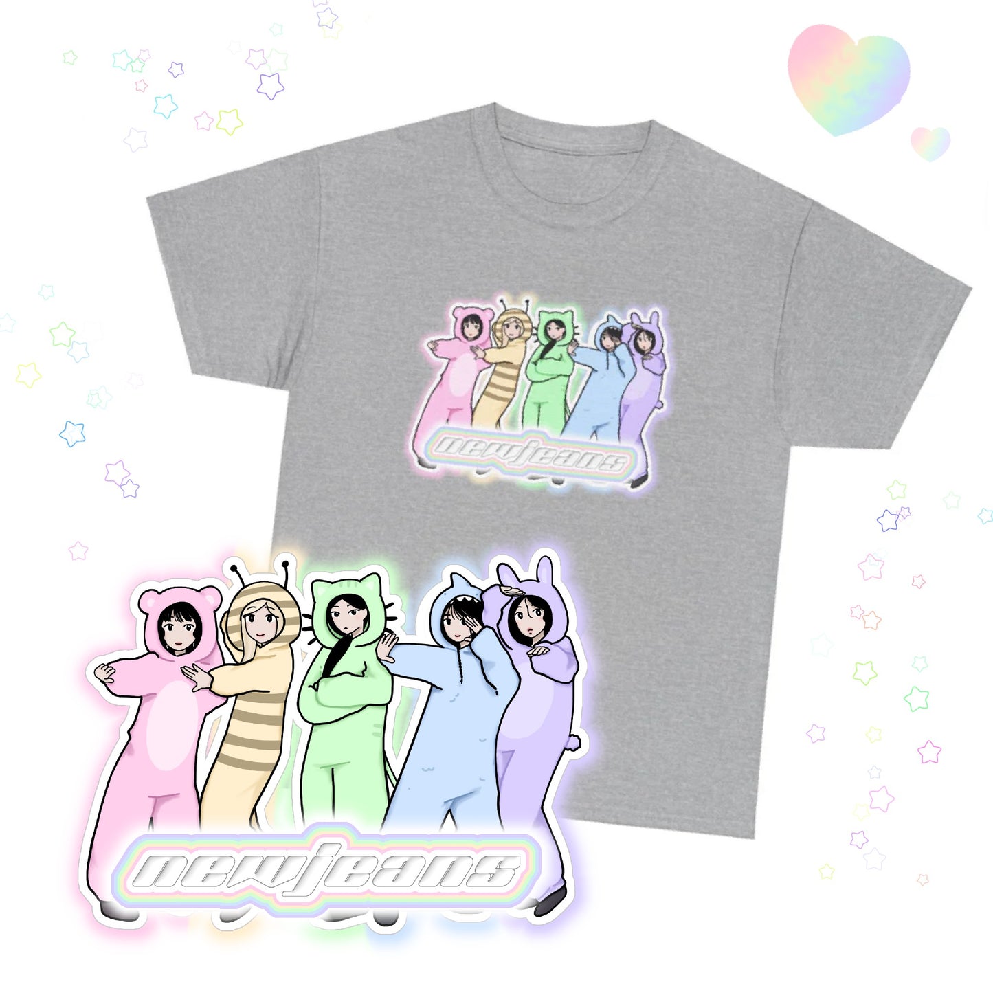 Exclusive NewJeans short sleeve graphic t-shirt featuring original artwork of all members. A unique and vibrant addition to your K-pop fashion collection. In gray.