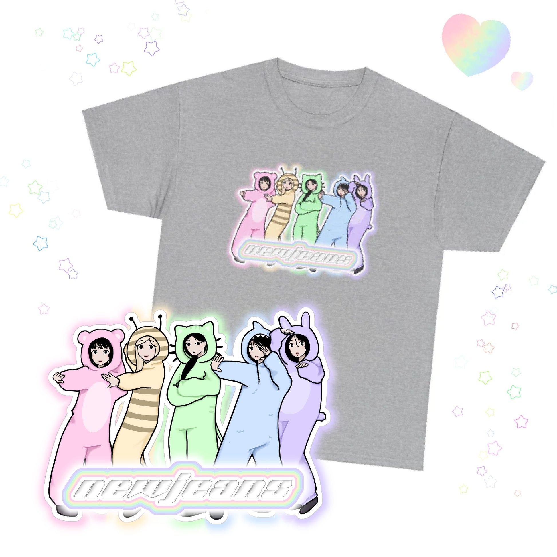 Exclusive NewJeans short sleeve graphic t-shirt featuring original artwork of all members. A unique and vibrant addition to your K-pop fashion collection. In gray.