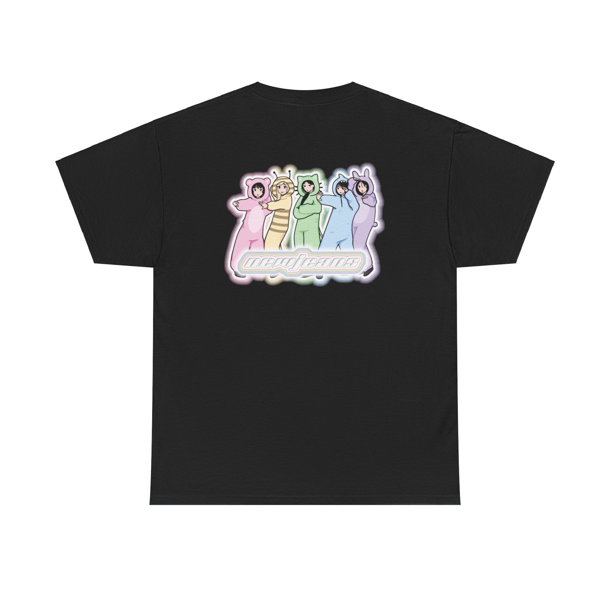 Exclusive NewJeans short sleeve graphic t-shirt featuring original artwork of Haerin on the front plus all group members on the back. A unique and vibrant addition to your K-pop fashion collection. In black.