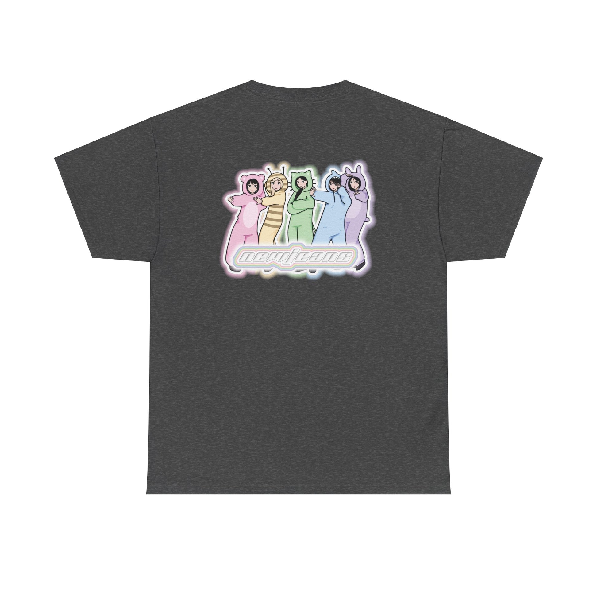 Exclusive NewJeans short sleeve graphic t-shirt featuring original artwork of Haerin on the front plus all group members on the back. A unique and vibrant addition to your K-pop fashion collection. In dark gray.