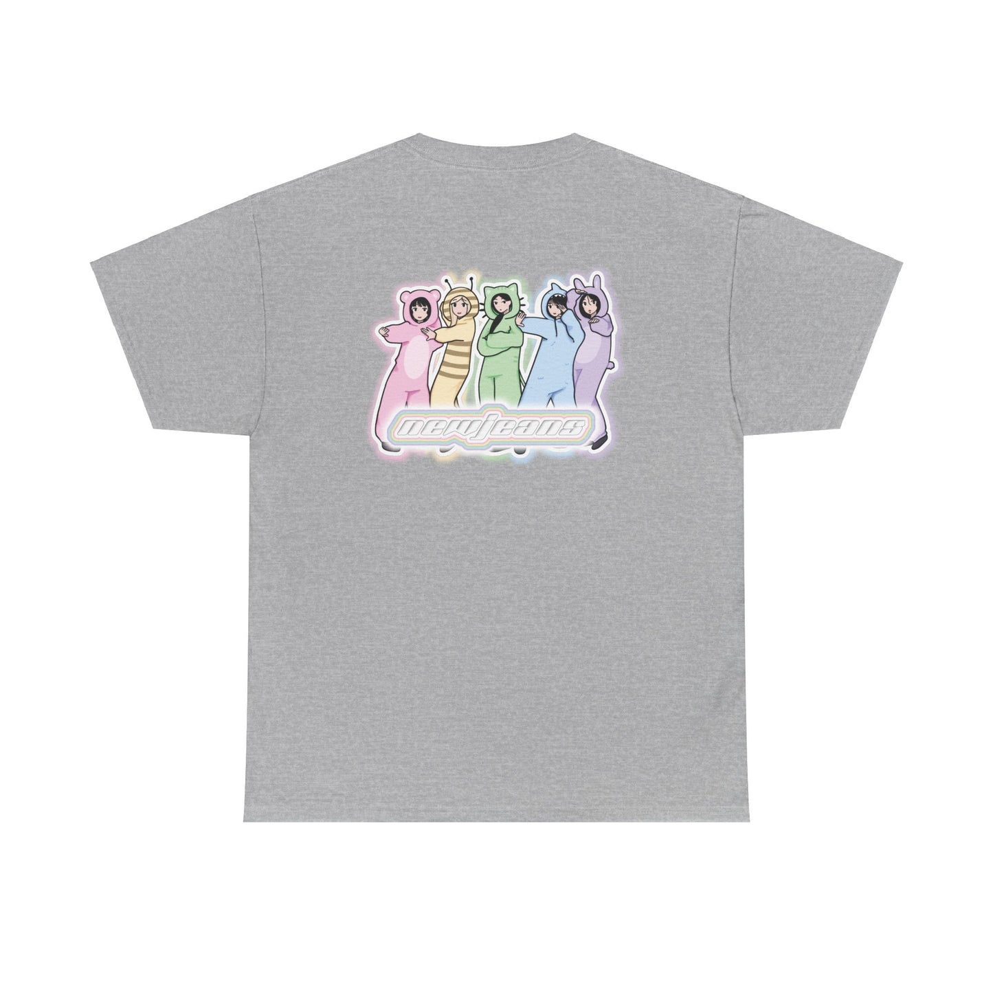 Exclusive NewJeans short sleeve graphic t-shirt featuring original artwork of Haerin on the front plus all group members on the back. A unique and vibrant addition to your K-pop fashion collection. In light gray.