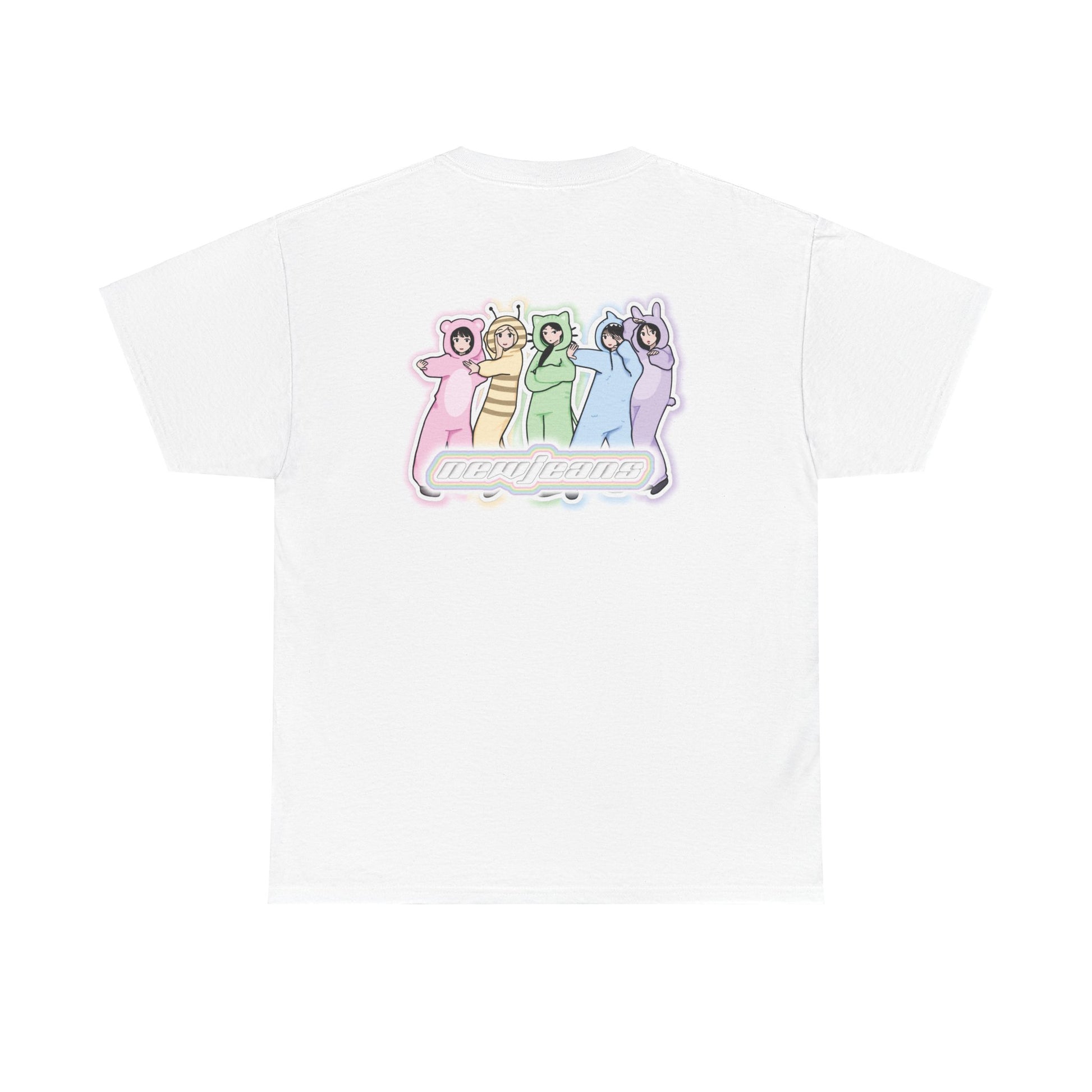 Exclusive NewJeans short sleeve graphic t-shirt featuring original artwork of Haerin on the front plus all group members on the back. A unique and vibrant addition to your K-pop fashion collection. In white.