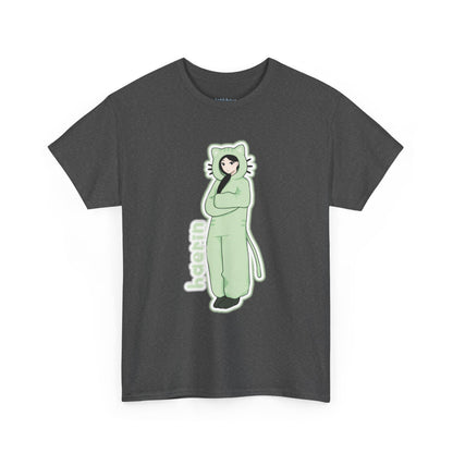 Exclusive NewJeans short sleeve graphic t-shirt featuring original artwork of Haerin on the front plus all group members on the back. A unique and vibrant addition to your K-pop fashion collection. In dark gray.