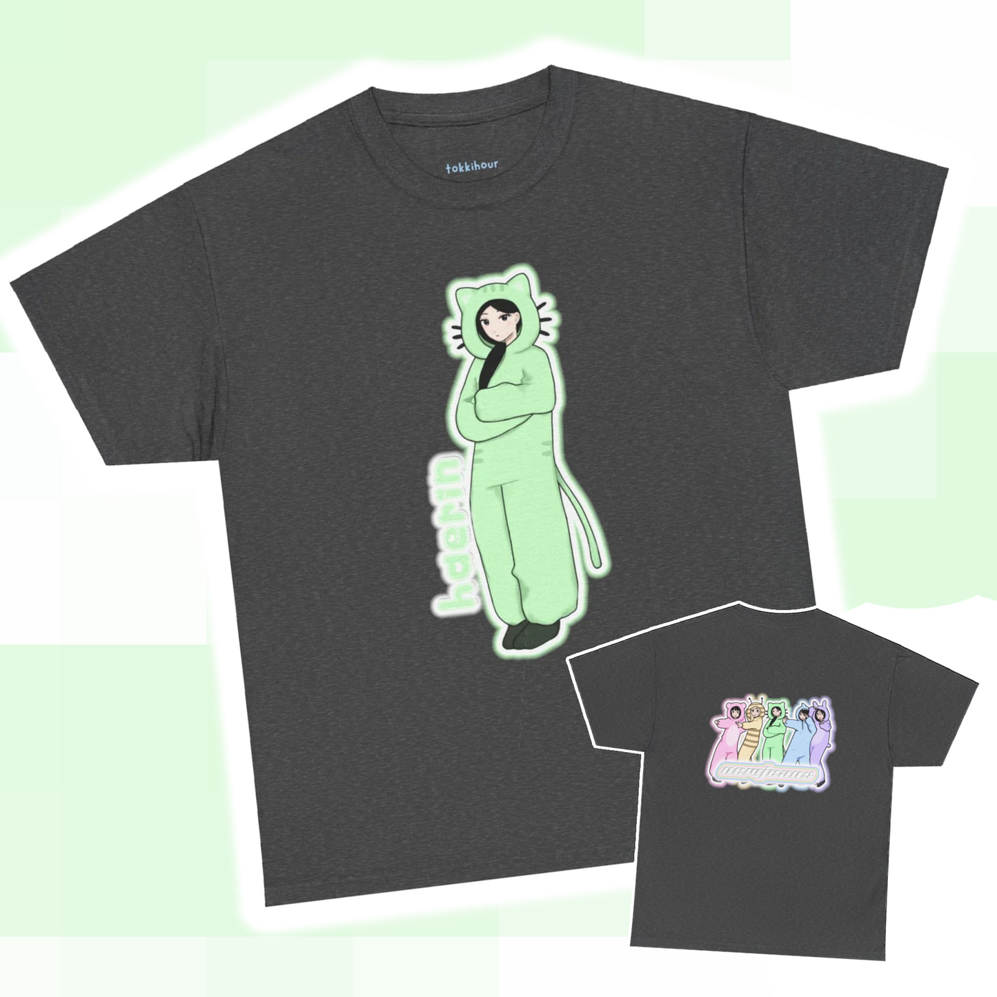 Exclusive NewJeans short sleeve graphic t-shirt featuring original artwork of Haerin on the front plus all group members on the back. A unique and vibrant addition to your K-pop fashion collection. In dark gray.