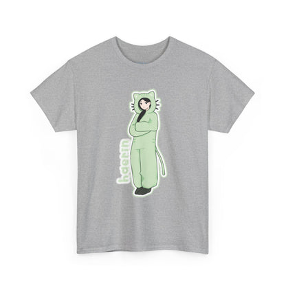 Exclusive NewJeans short sleeve graphic t-shirt featuring original artwork of Haerin on the front plus all group members on the back. A unique and vibrant addition to your K-pop fashion collection. In light gray.