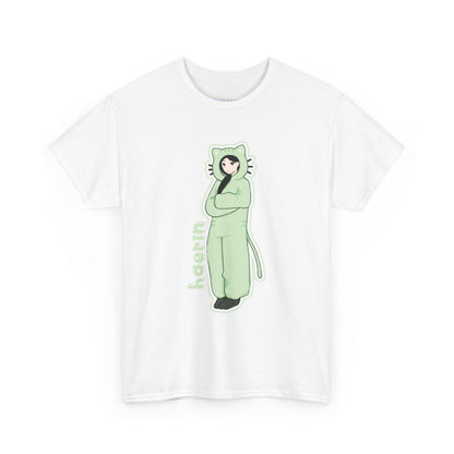 Exclusive NewJeans short sleeve graphic t-shirt featuring original artwork of Haerin on the front plus all group members on the back. A unique and vibrant addition to your K-pop fashion collection. In white.