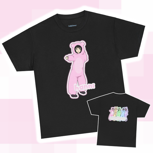 Exclusive NewJeans short sleeve graphic t-shirt featuring original artwork of Hanni on the front plus all group members on the back. A unique and vibrant addition to your K-pop fashion collection. In black.