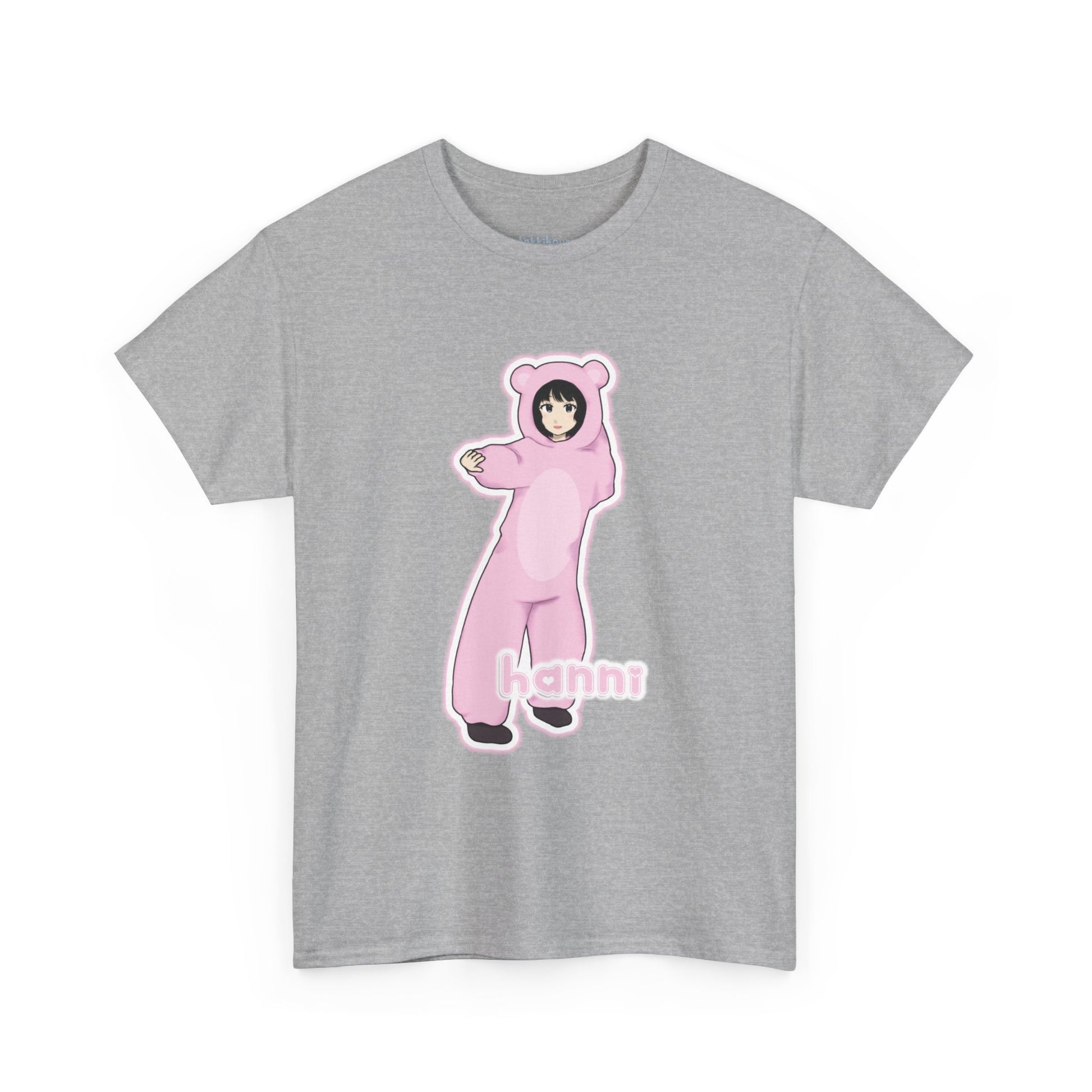 Exclusive NewJeans short sleeve graphic t-shirt featuring original artwork of Hanni on the front plus all group members on the back. A unique and vibrant addition to your K-pop fashion collection. In gray.