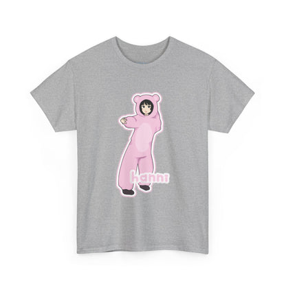 Exclusive NewJeans short sleeve graphic t-shirt featuring original artwork of Hanni on the front plus all group members on the back. A unique and vibrant addition to your K-pop fashion collection. In gray.