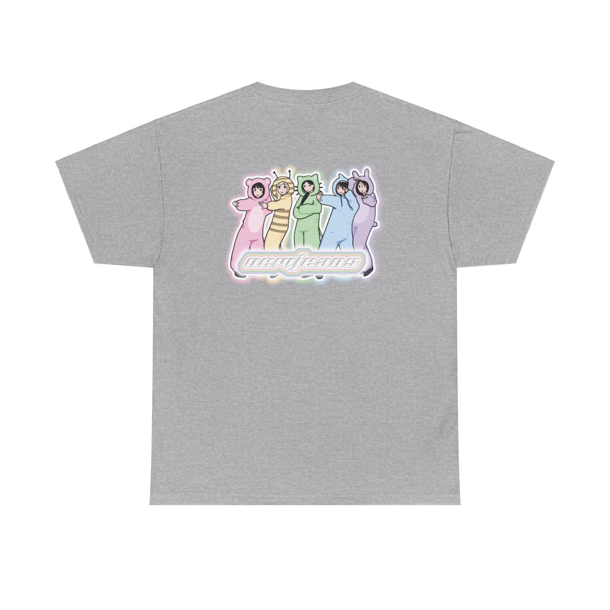 Exclusive NewJeans short sleeve graphic t-shirt featuring original artwork of Minji on the front plus all group members on the back. A unique and vibrant addition to your K-pop fashion collection. In light gray.