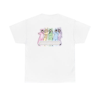 Exclusive NewJeans short sleeve graphic t-shirt featuring original artwork of Minji on the front plus all group members on the back. A unique and vibrant addition to your K-pop fashion collection. In white.