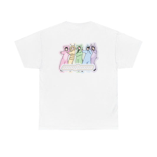 Exclusive NewJeans short sleeve graphic t-shirt featuring original artwork of Minji on the front plus all group members on the back. A unique and vibrant addition to your K-pop fashion collection. In white.