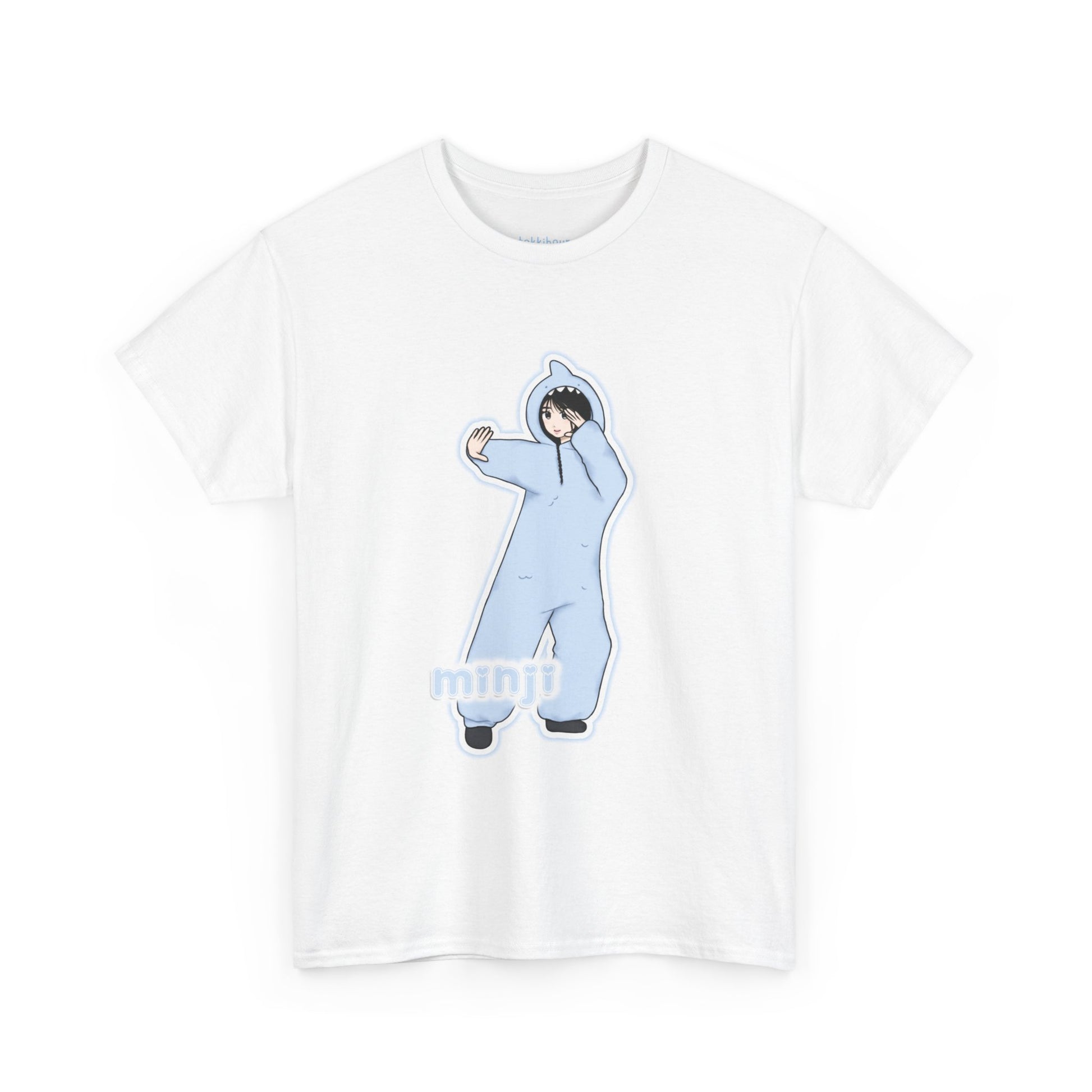 Exclusive NewJeans short sleeve graphic t-shirt featuring original artwork of Minji on the front plus all group members on the back. A unique and vibrant addition to your K-pop fashion collection. In white.
