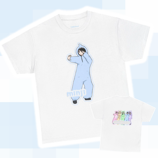 Exclusive NewJeans short sleeve graphic t-shirt featuring original artwork of Minji on the front plus all group members on the back. A unique and vibrant addition to your K-pop fashion collection. In white.