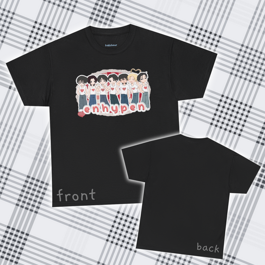 Celebrate all seven members of Enhypen with this fun fashion shirt, featuring original art of the group. Whether you're going to an event or chilling with friends, this cozy tee is the ultimate way to STAN out! Perfect for concerts, casual hangouts, or a statement piece for any Kpop fan. Choose your color.