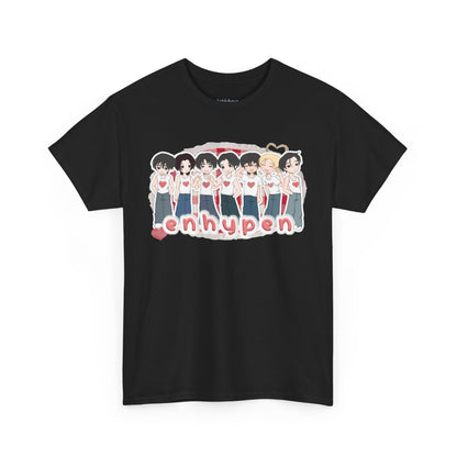 Celebrate all seven members of Enhypen with this fun fashion shirt, featuring original art of the group. Whether you're going to an event or chilling with friends, this cozy tee is the ultimate way to STAN out! Perfect for concerts, casual hangouts, or a statement piece for any Kpop fan. Choose your color.
